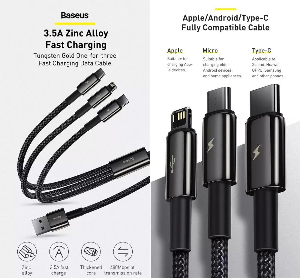 baseus tungsten gold 3 in 1 fast charging data cable usb to mlc 3 5a 3